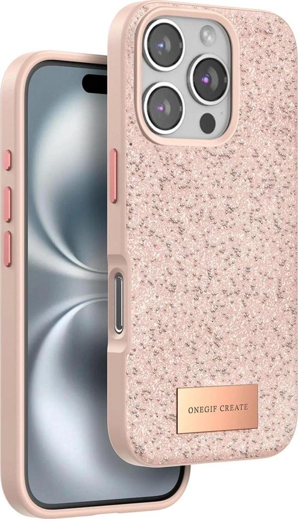 Onegif iPhone 16 Pro Max Bright Simli Kapak - Pembe - Image 1