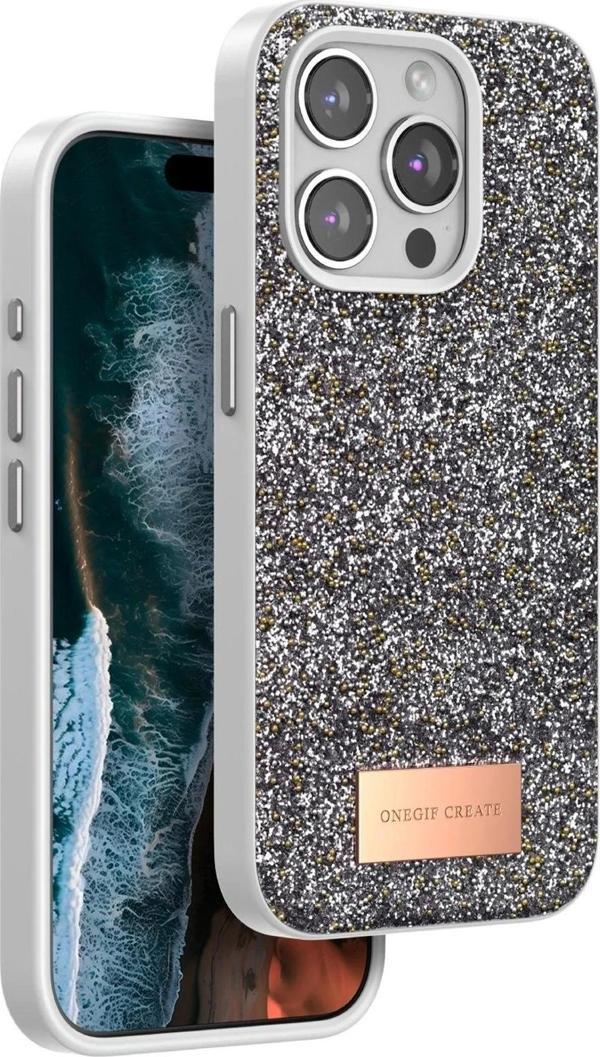 Onegif iPhone 14 Pro Bright Simli Kapak - Gümüş - Image 1