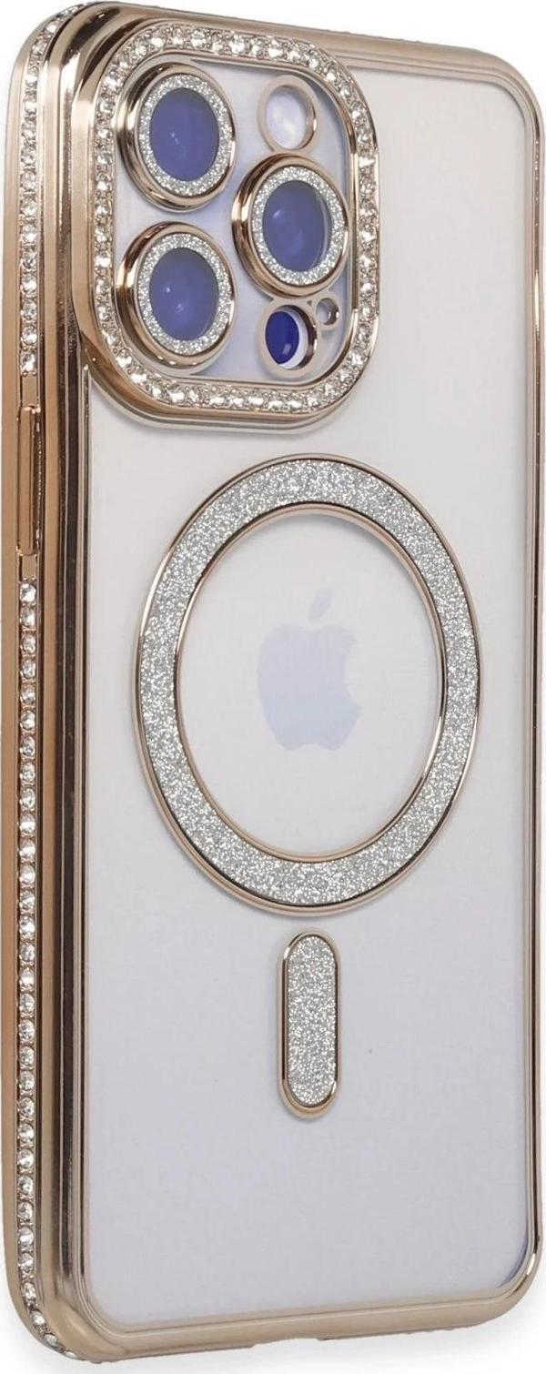 iPhone 14 Pro Max Kılıf Joke Simli Magneticsafe Kılıf - Gold - Image 1