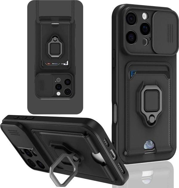 iPhone 16 Pro Kılıf Zuma Kartvizitli Yüzüklü Silikon - Siyah - Image 1