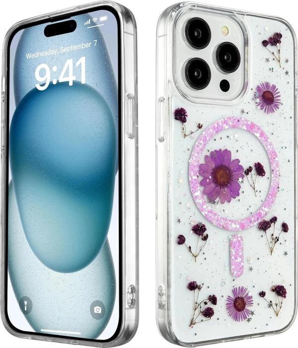 iPhone 15 Pro Kılıf Daisy Simli Magsafe Kapak - Mor - Image 1