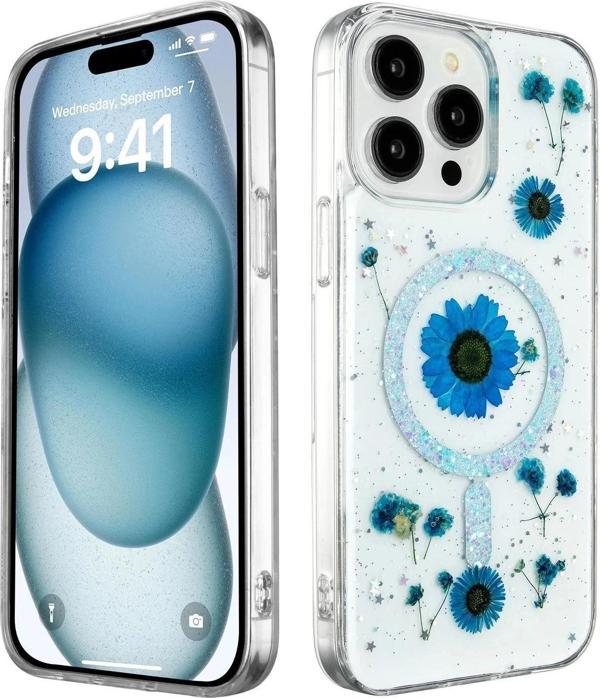 iPhone 15 Pro Max Kılıf Daisy Simli Magsafe Kapak - Mavi - Image 1
