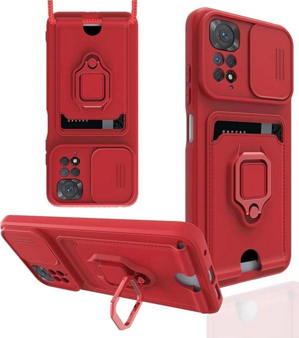 Xiaomi Redmi Note 11 Kılıf Zuma Kartvizitli Yüzüklü Silikon - Kırmızı - Image 1