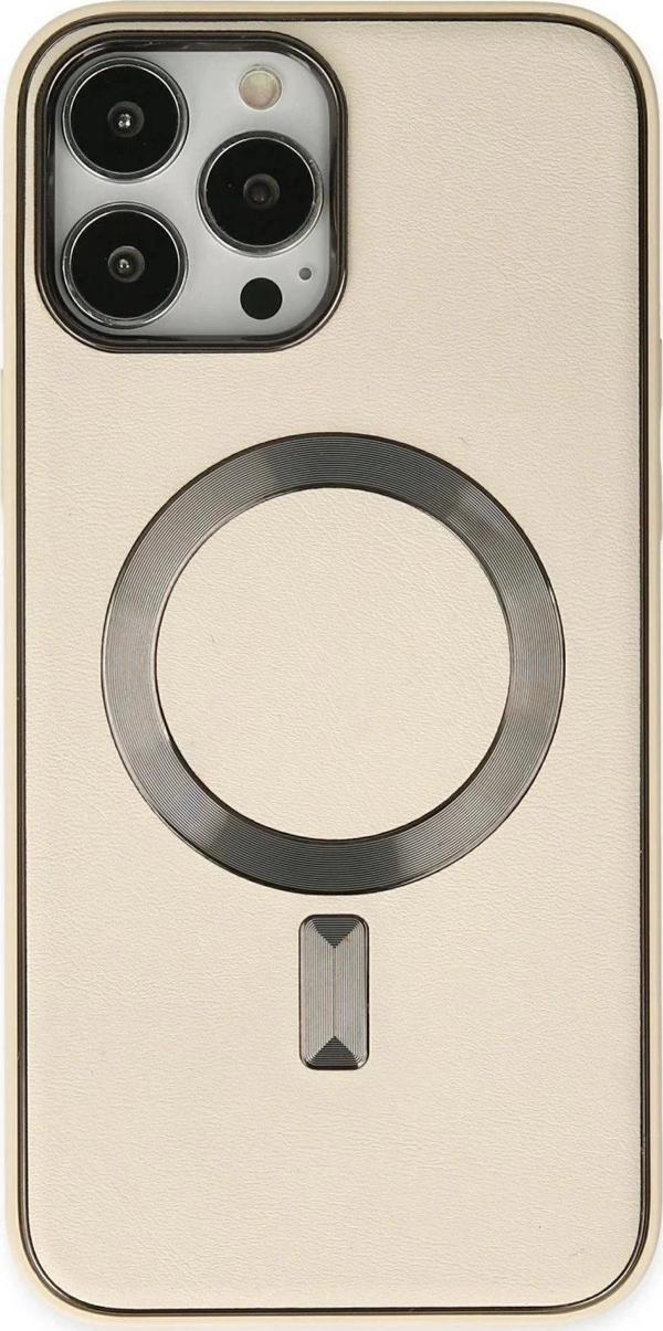 iPhone 13 Pro Kılıf Coco Deri Magneticsafe Silikon - Krem - Image 1