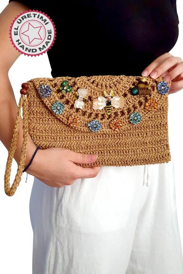 Uretti - Sümeyya 2589 7027 El Yapımı Boncuk ve Taş İşlemeli Kağıt İp Clutch Çanta - Image 1