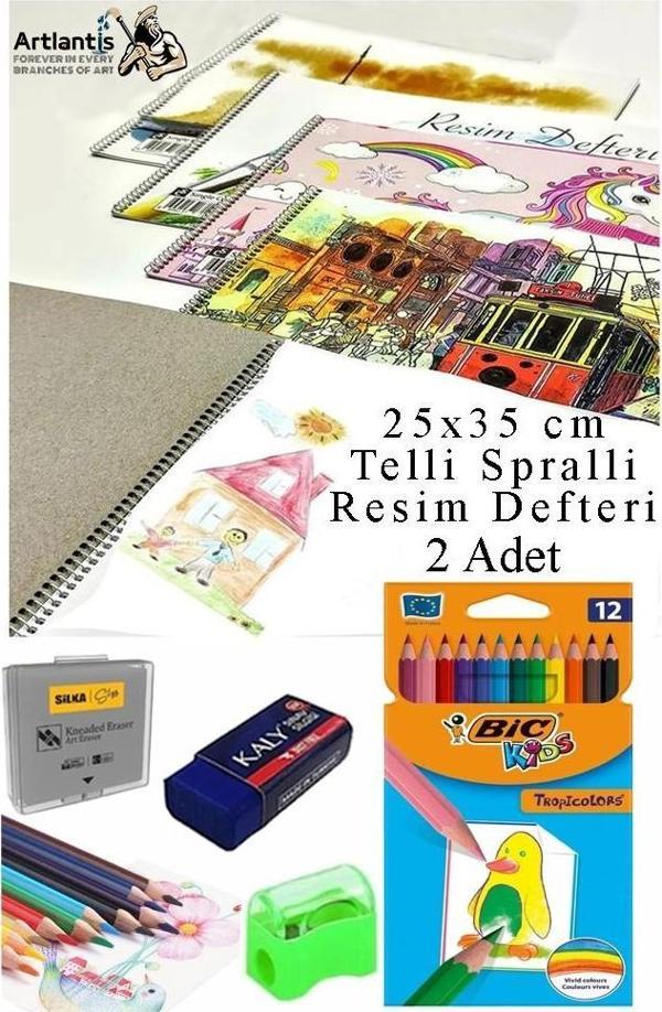12 Renk Bic Kuru Boya 25x35 cm Telli Spralli Resim Defteri Hamur Silgi Kalemtraş 15 Yaprak Resim Defteri Kuruboya Kalem - Image 1