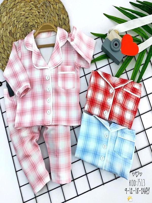 9-12-18-24 Ay Düğme Kapamalı Ekose Desenli 2li Kız Erkek Bebek Pijama Takımı Mavi - Image 1
