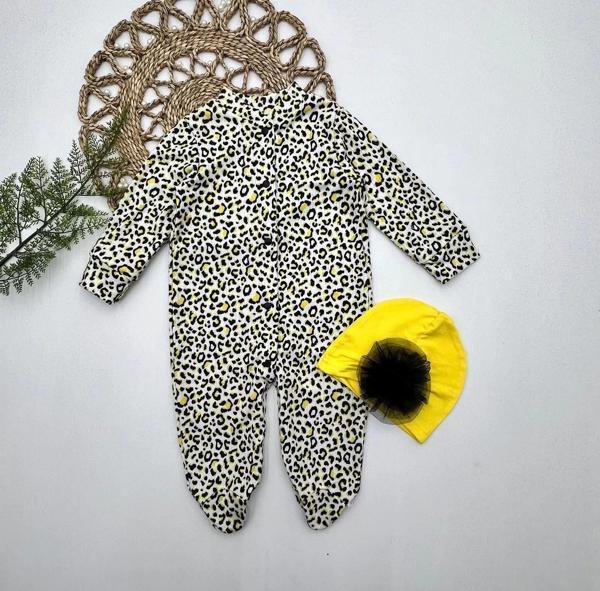 0-3-6-9 Ay Leopar Baskılı Tam Boy Çıtçıtlı Patikli Güllü Boneli Kız Bebek Tulumu Sarı - Image 1