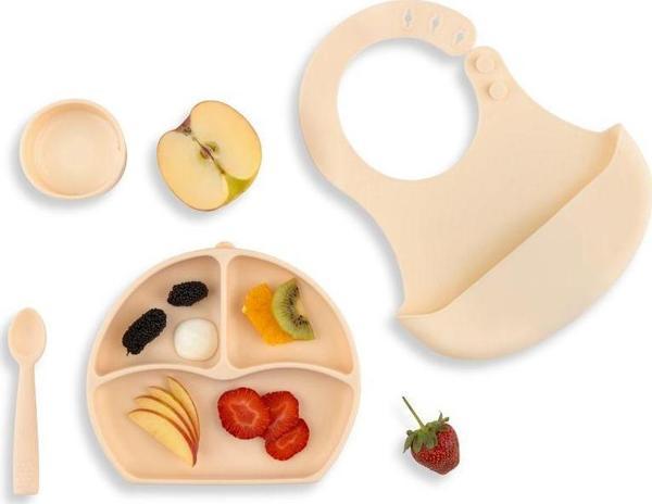 Babyjem Silikon Beslenme Seti Ekru - Silikon Önlük & Tabak & Bardak & Kaşık - Bpa İçermez - Image 1
