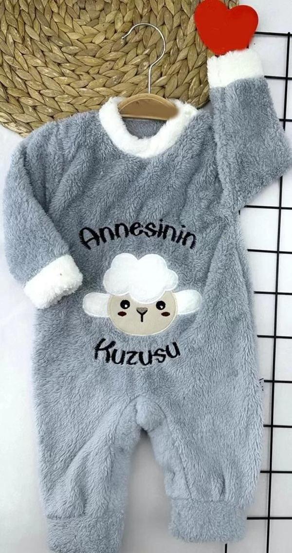 3-6-9-12 Ay Kuzu Tüylü Kumaş Annesinin Kuzusu Nakışlı Alttan Çıtçıtlı Kız Erkek Bebek Tulumu Gri - Image 1
