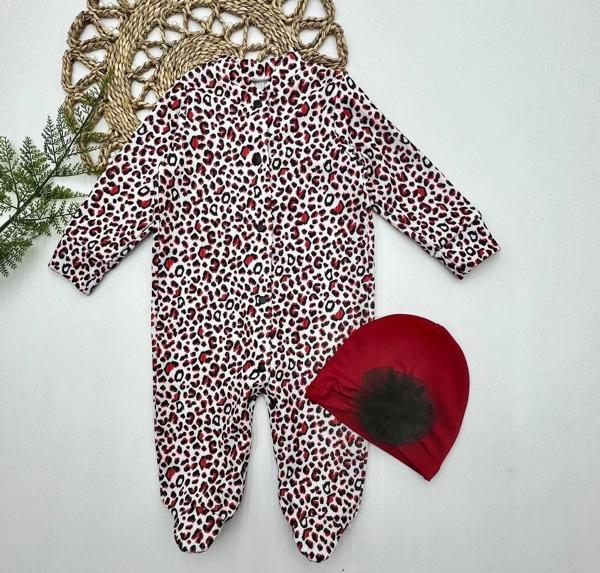 0-3-6-9 Ay Leopar Baskılı Tam Boy Çıtçıtlı Patikli Güllü Boneli Kız Bebek Tulumu Bordo - Image 1