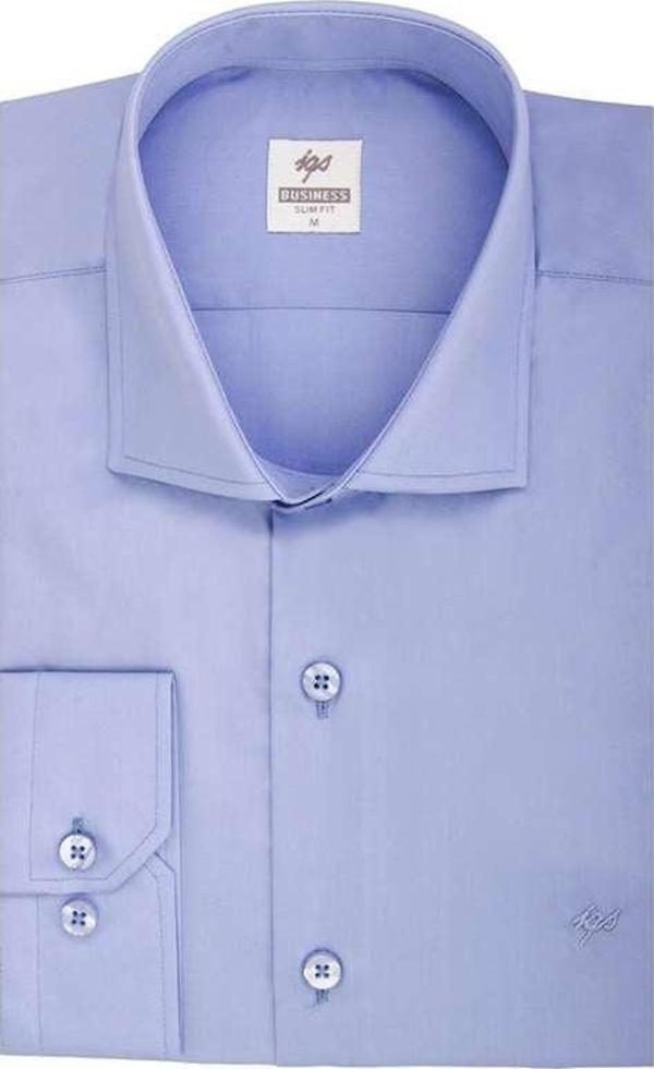 Koyu Mavi Slim Fit Dar Kalıp Klasik Yaka Düz Uzun Kollu Cepsiz Pamuklu Gömlek - Image 1