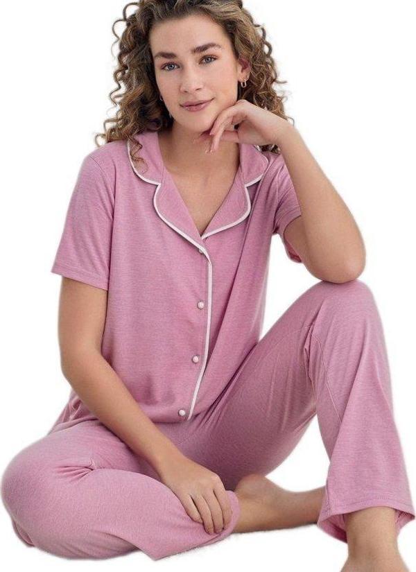 Lena Soft Tasarım Düğmeli Kısa Kollu Kadın Pijama Takımı Terletmeyen Kumaş S/XXL - Image 1