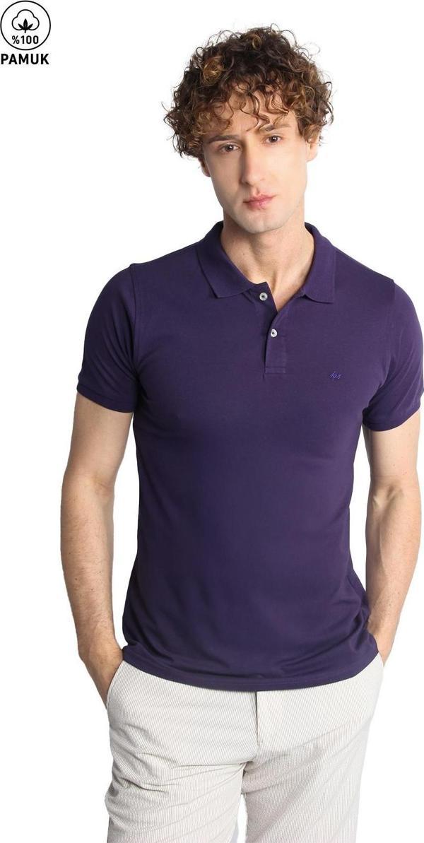 Erkek Mor Modernfit / Dar Kalıp Polo Yaka Tişört - Image 1