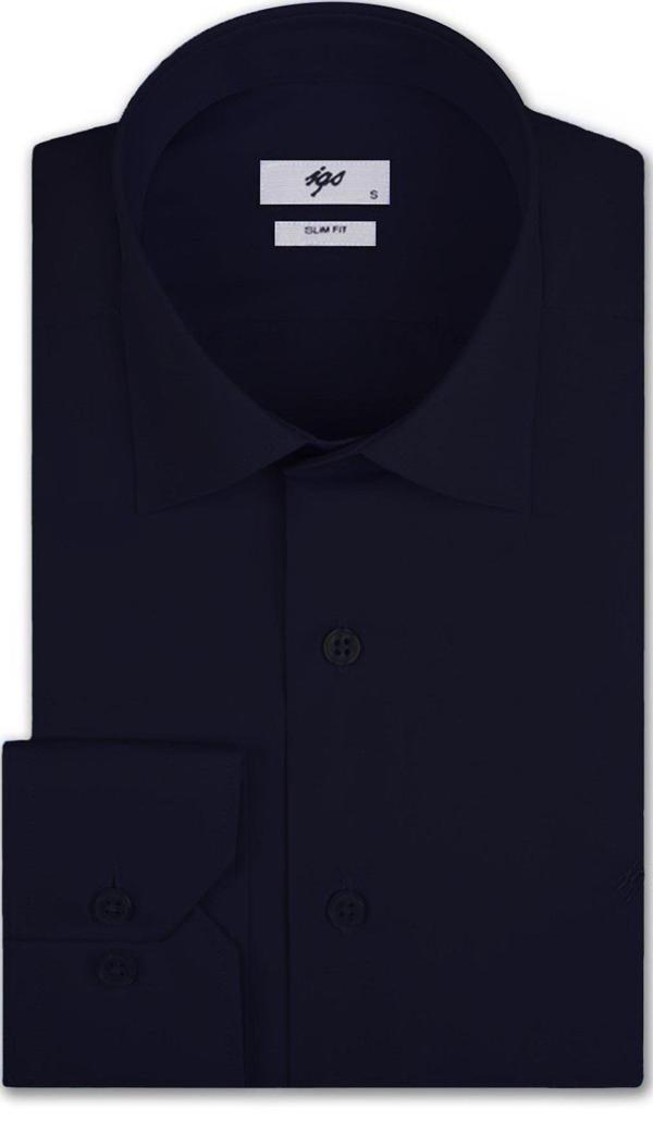 Lacivert Slim Fit Dar Kalıp Klasik Yaka Düz Uzun Kollu Cepsiz Pamuklu Gömlek - Image 1