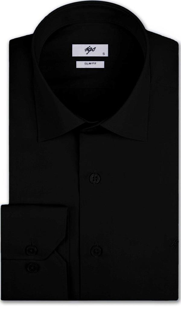 Siyah Slim Fit Dar Kalıp Klasik Yaka Düz Uzun Kollu Cepsiz Pamuklu Gömlek - Image 1
