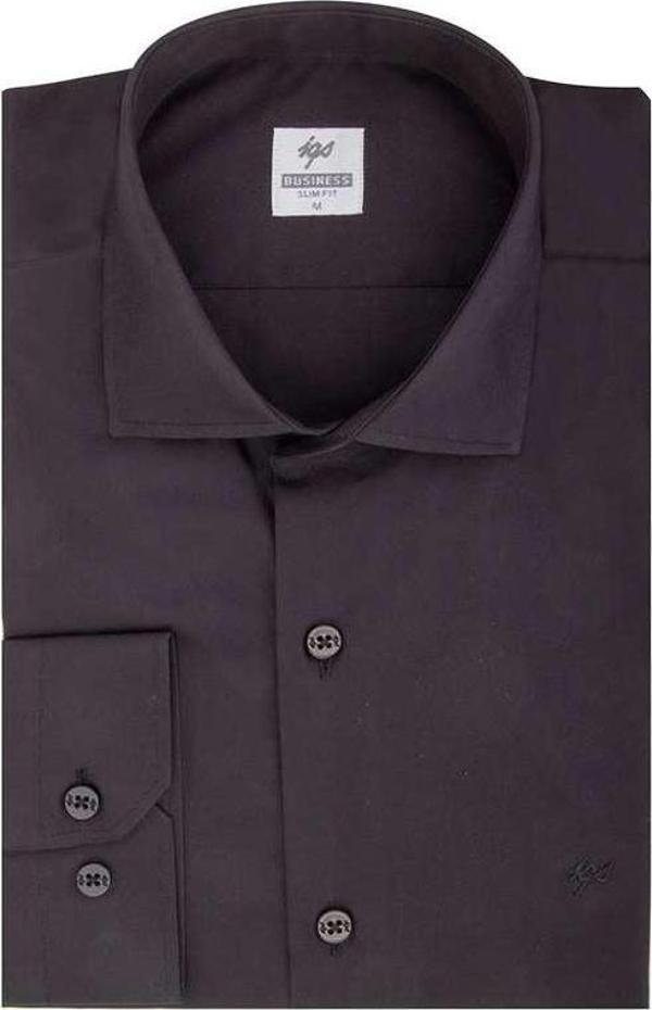 Siyah Slim Fit Dar Kalıp Klasik Yaka Düz Uzun Kollu Cepsiz Pamuklu Gömlek - Image 1
