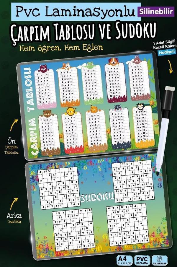 Kalemli A4 çarpım tablosu Sudoku  A4 Yaz Sil Pvc Kaplı-Kalem Hediyeli-T1465 - Image 1