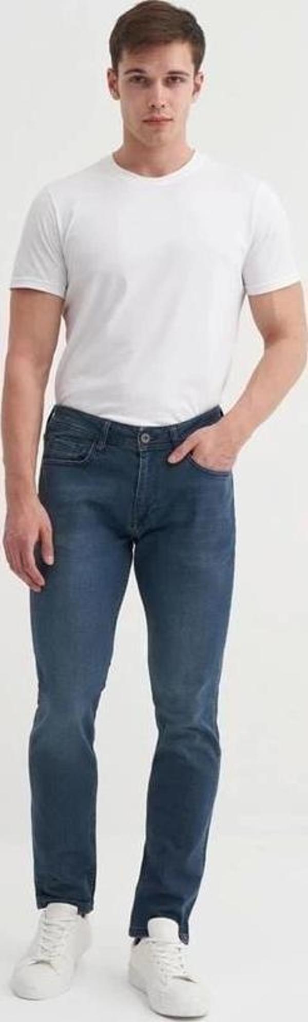 0756 Terry Boru Paça Normal Bel Slim Fit Erkek Kot Pantolon Lacivert - Image 1
