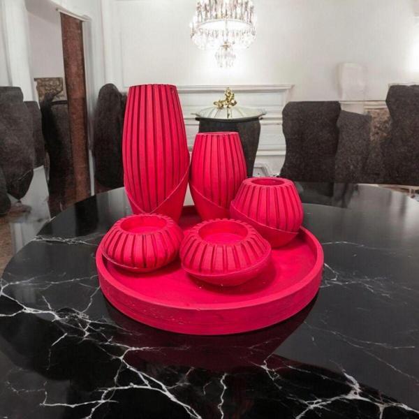 Lambader Dekoratif Alçı Vazo Sunum Tepsili 5Li Set Kırmızı - Image 1