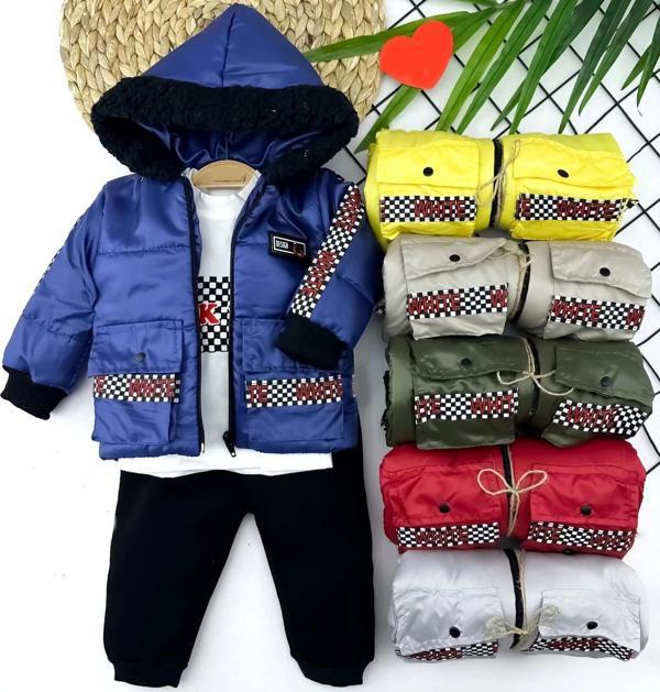 9-12-18-24 Ay Kapşonlu Fermuarlı Mont Pantolon Uzun Kollu Sweatli 3lü Kız Erkek Bebek Takımı Sarı - Image 1