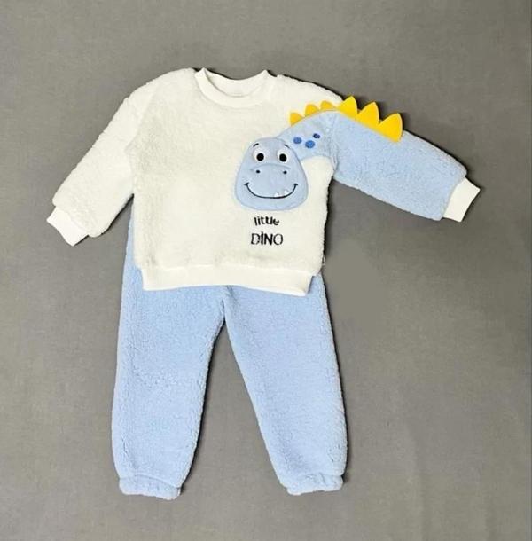 1-2-3 Yaş Minik Dino Kollu Kuzu Kumaş Sweat Pantolon Uzun Kollu Kız Erkek 2 Li Takımı Mavi - Image 1