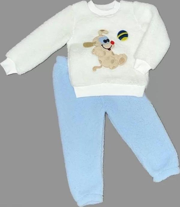 1-2-3 Yaş Toplu Köpek Nakışlı Kuzu Kumaş Sweat Pantolonlu Uzun Kollu Kız Erkek Bebek Takımı Mavi - Image 1