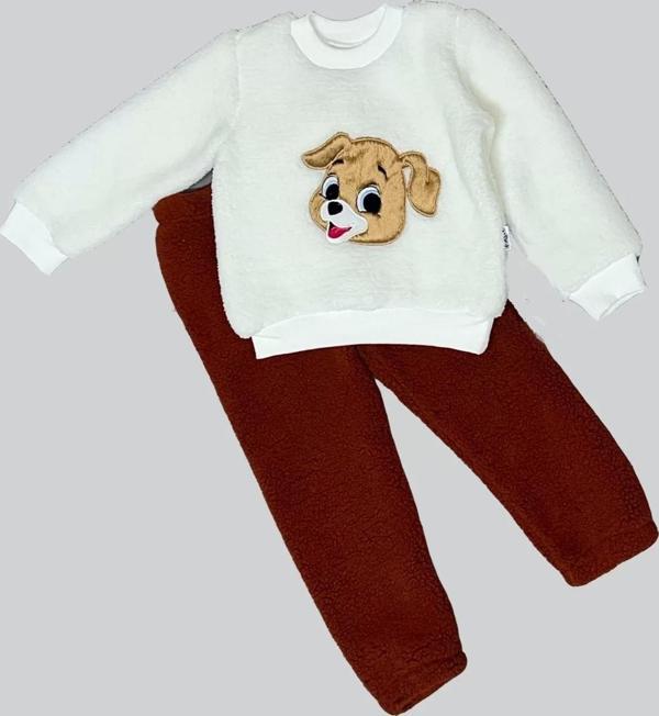 1-2-3 Yaş Mutlu Köpekcik Nakışlı Kuzu Kumaş Sweat Patili Pantolon Uzun Kollu Kız Erkek 2 Li Takımı B - Image 1