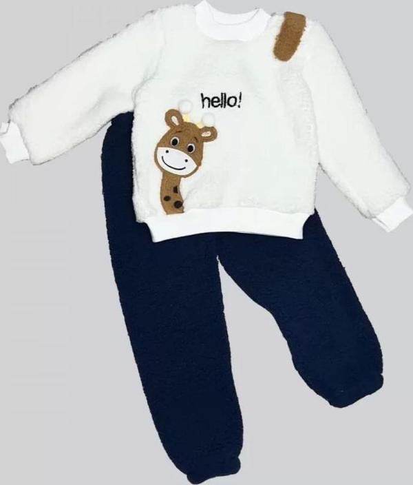 1-2-3 Yaş Hello Zürafa Nakışlı Kuzu Kumaş Sweat Pantolon Uzun Kollu Kız Erkek 2 Li Takımı Lacivert - Image 1