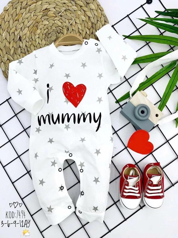 3-6-9-12 Ay Gümüş Yıldız I Love Mummy Baskılı Uzun Kollu Kız Erkek Bebek Tulumu Beyaz - Image 1