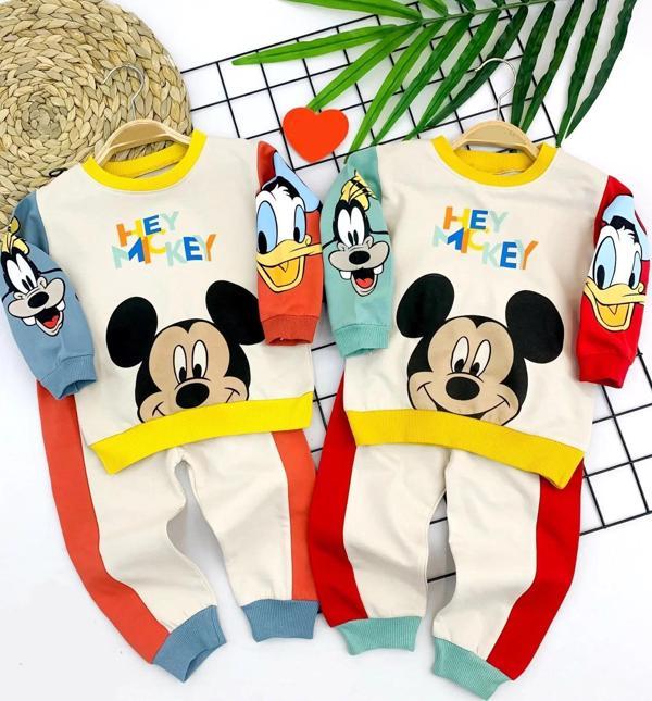 9-12-18-24 Ay Mickey Ve Arkadaşları Desenli Uzun Kollu Sweat 2li Kız Erkek Bebek Takımı Mavi - Image 1
