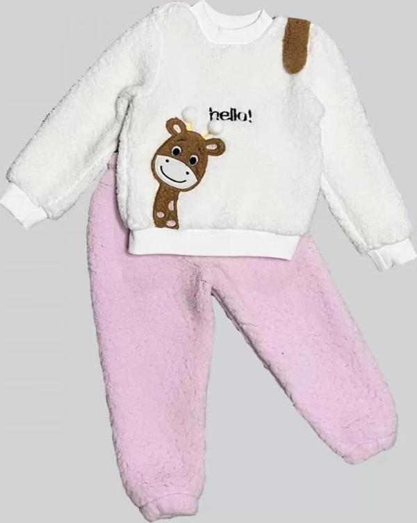 1-2-3 Yaş Hello Zürafa Nakışlı Kuzu Kumaş Sweat Pantolon Uzun Kollu Kız Erkek 2 Li Takımı Pembe - Image 1