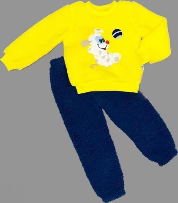 1-2-3 Yaş Toplu Köpek Nakışlı Kuzu Kumaş Sweat Pantolonlu Uzun Kollu Kız Erkek Bebek Takımı Sarı - Image 1