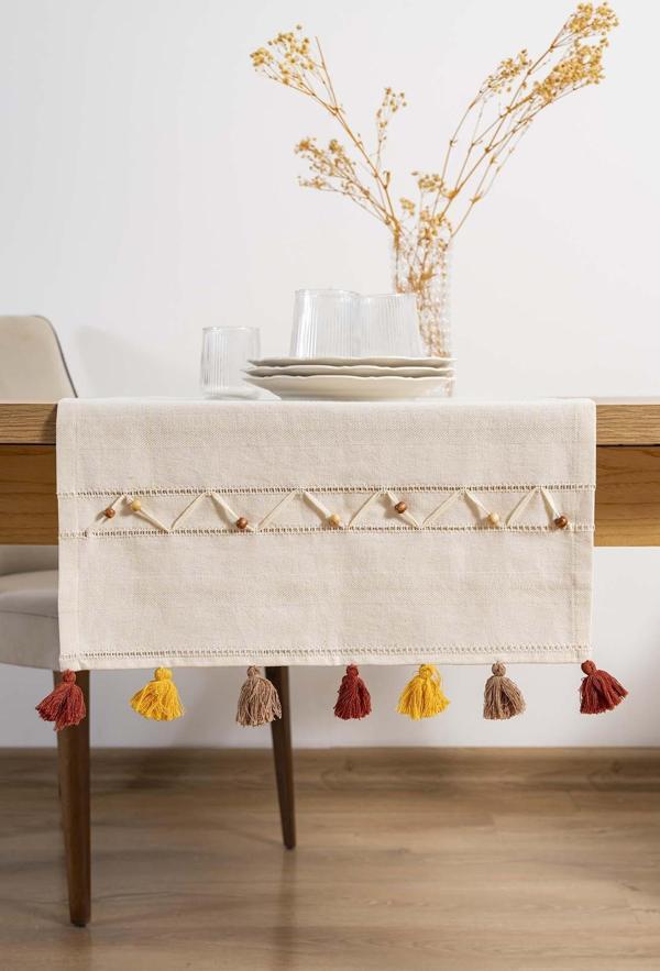 Ruffle Boncuk & Püsküllü %100 Pamuklu Ham Keten Runner 50x130 cm - Image 1