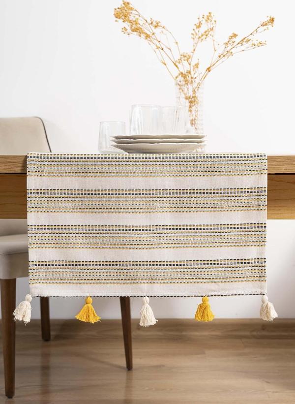 Ruffle Püsküllü Pamuklu Ham Keten Runner 50x130 cm - Image 1