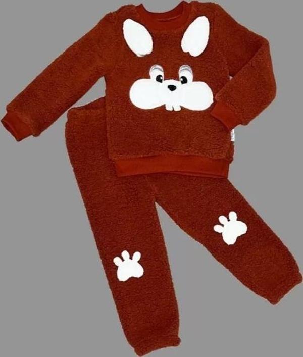 1-2-3 Yaş Kulaklı Tavşan Figürlü Kuzu Kumaş Sweat Pantolon Uzun Kollu Kız Erkek 2 Li Takımı Kahveren - Image 1