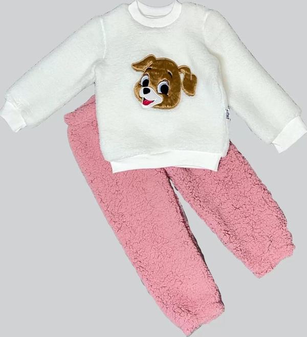 1-2-3 Yaş Mutlu Köpekcik Nakışlı Kuzu Kumaş Sweat Patili Pantolon Uzun Kollu Kız Erkek 2 Li Takımı G - Image 1