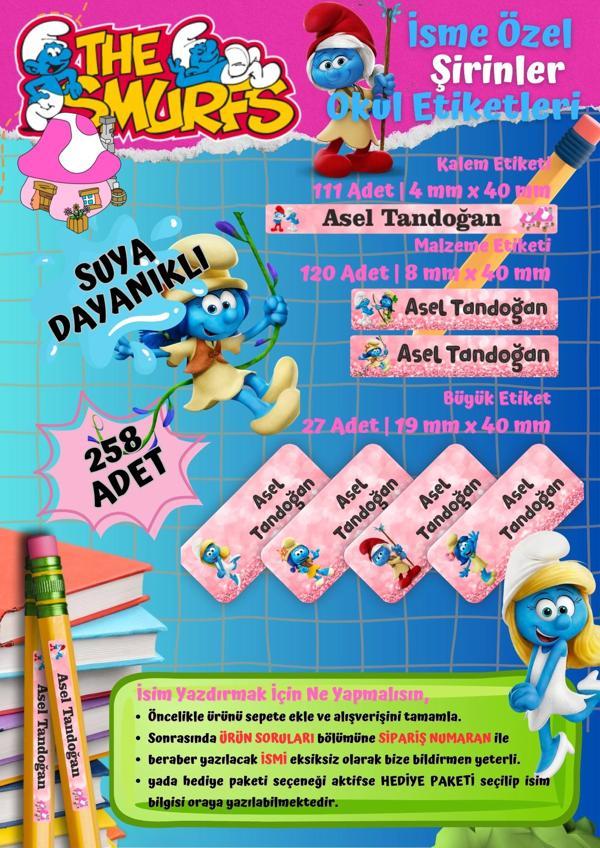Şirinler (KIZ) Temalı Kişiye Özel Suya Dayanıklı Okul Etiketi Seti – 258 Adet İsimli Çıkartma - Image 1