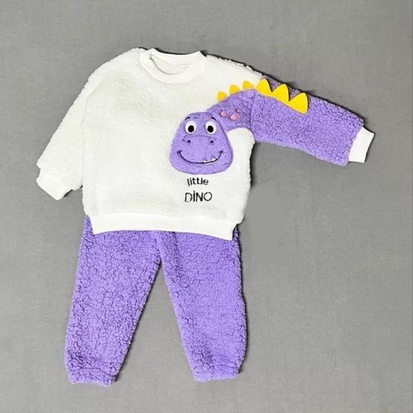 1-2-3 Yaş Minik Dino Kollu Kuzu Kumaş Sweat Pantolon Uzun Kollu Kız Erkek 2 Li Takımı Lila - Image 1
