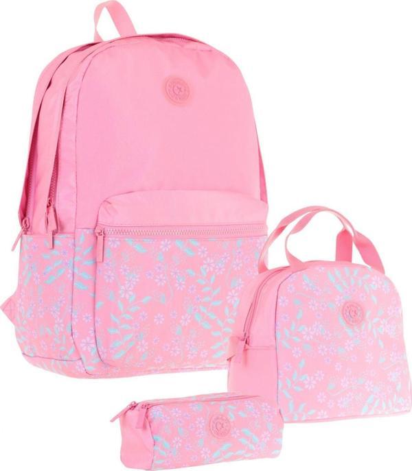 Kaukko Soft Floral Üçlü Kız Çocuk Okul Çanta Seti - Pembe - Çiçekli - Image 1