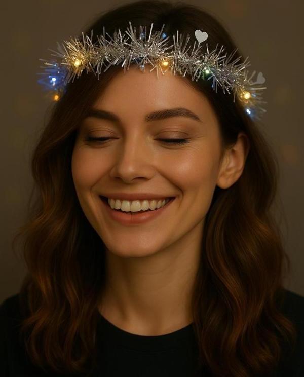 Nessiworld  Kalp Püsküllü Gece Parıltısı 3 Modlu LED&#39;li Işıklı Taç Gümüş Renk - Image 1