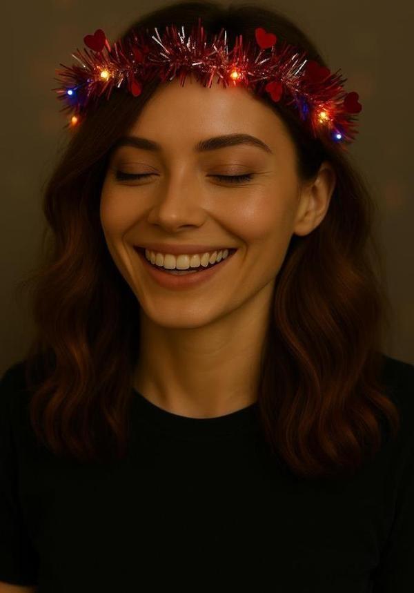 Nessiworld  Kalp Püsküllü Gece Parıltısı 3 Modlu LED&#39;li Işıklı Taç Kırmızı Renk - Image 1