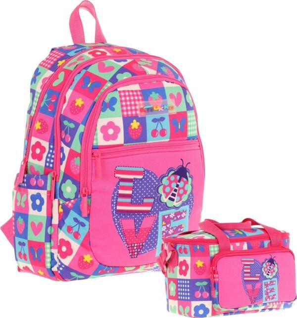 Kaukko Kids Kız Çocuk Okul Çantası ve Isı Yalıtımlı Beslenme Çantası Seti (L5229+L7229) Love Desenli - Pembe Mavi - Image 1