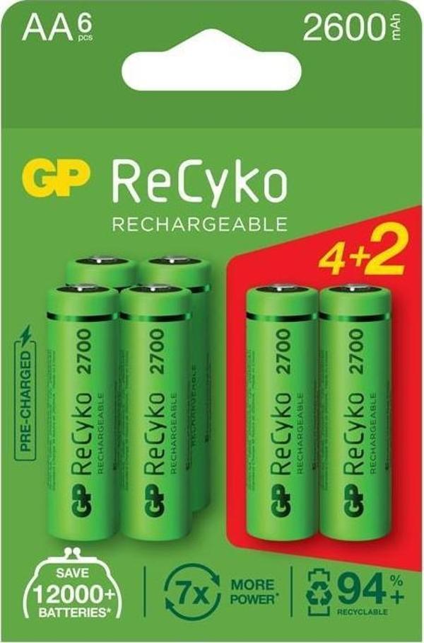 GP AA 2600 mAh Şarjlı Şarj Edilebilir Kalem Pil 4+2 Li Paket - Image 1