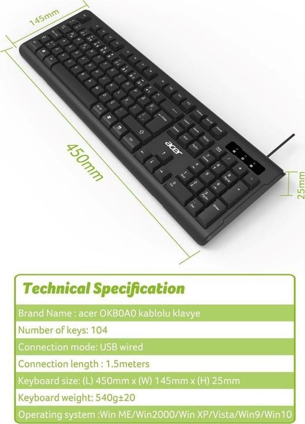 Acer Siyah Kablolu Sessiz Tuşlu Klavye Caps Lock Kablo Uzunluğu 150 CM - Image 1