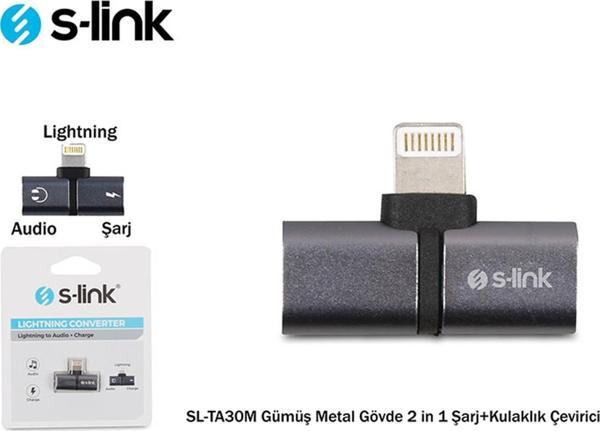 S-link Lightning Gümüş Metal Gövde 2 in 1 Şarj+Kulaklık Çevirici - Image 1