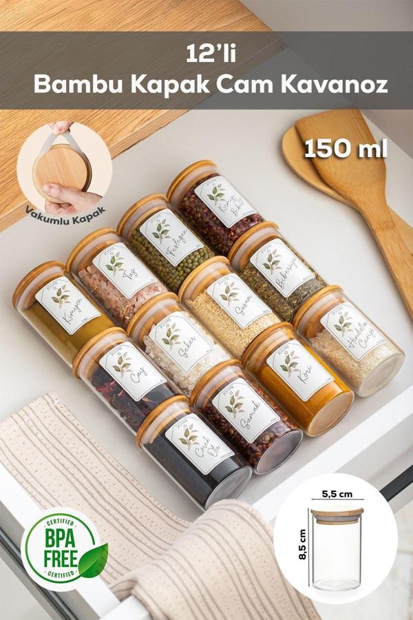 Porsima 3179 Cam 12'li Vakumlu Bambu Kapaklı Baharatlık Seti Takımı, Saklama Kabı Etiketli (150ML)  - Image 1