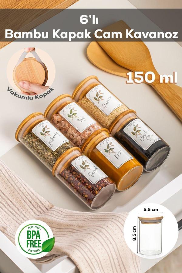 Porsima 3178 Cam 6lı Vakumlu Bambu Kapaklı Baharatlık Seti Takımı, Saklama Kabı Etiketli 150 ml  - Image 1