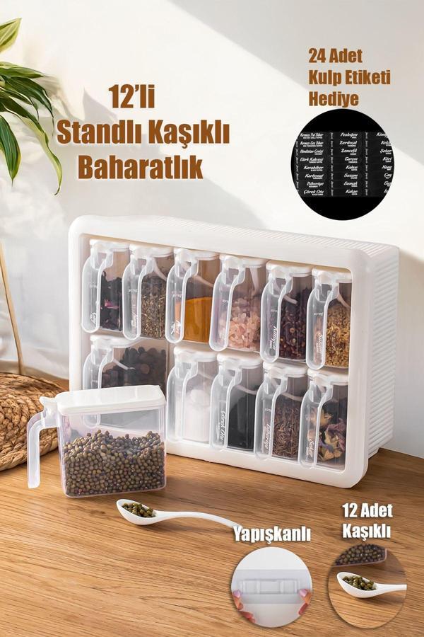 Porsima Random 12'li Standlı,Yapışkanlı,Kaşıklı Kapaklı Baharatlık Saklama Kabı Seti-Beyaz   - Image 1