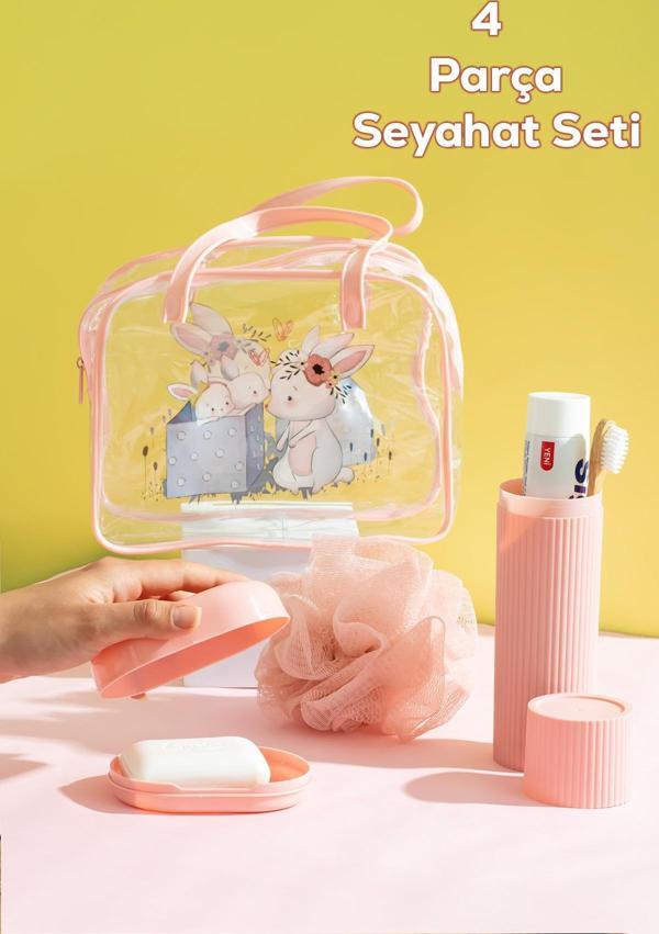 Porsima 3143 Tavşan Figürlü Seyahat Seti - Diş Fırçası Kutusu Banyo Lifi Sabun Kutusu Seyahat Çantası Pembe - Image 1
